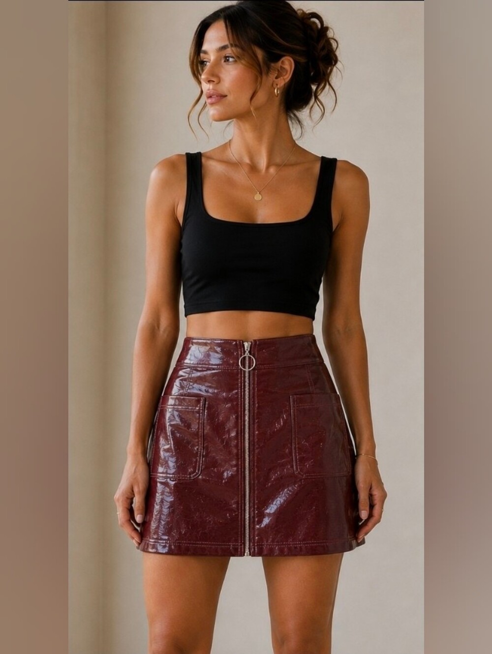 Wild Fable | Faux Leather Burgundy Front Zipper A-Line Mini Skirt Size Small